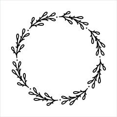 Vector hand drawn spring wreath isolated on white background. Outline circle of leaves. Doodle style. Floral frame.