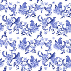 blue monochrome texture with pretty birds sitting on fancy floral branches with lovely flowers on white background. watercolor painting