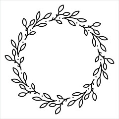 Vector hand drawn spring wreath isolated on white background. Outline circle of leaves. Doodle style. Floral frame.