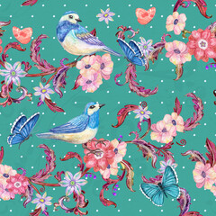 retro seamless texture with pretty blue birds sitting on fancy floral branches with lovely flowers and flying butterflies around. watercolor painting