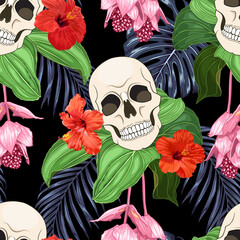 Gothic seamless pattern with skulls and tropical leaves.