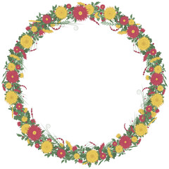 Fototapeta premium Floral round wreath frame with chrysanthemums. Red and Yellow garland