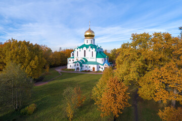 Old Fedorovsky Cathedral in autumn landscape (quadcopter footage). Tsarskoye Selo (Pushkin). Russia