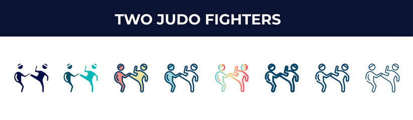 Fototapeta na wymiar two judo fighters vector icon in 8 different modern styles. black, two colored two judo fighters icons designed in filled, glyph, outline, line, stroke and gradient styles. vector illustration can