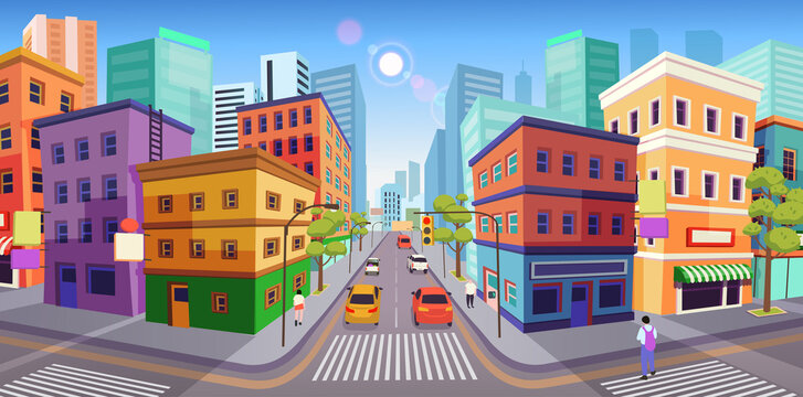 Panorama city building houses with shops: boutique, cafe, bookstore, mall crossing and traffic light .Vector illustration in cartooon style.