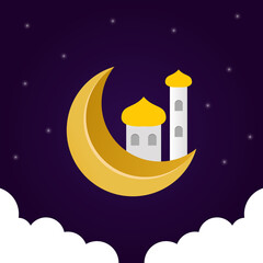 Obraz na płótnie Canvas Happy Isra Mi'raj day illustration with moon, masjid and cloud.