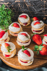 Mini Victoria sandwich cake. Sponge cake is a light cake made with egg whites, flour and sugar. Selective focus shot.