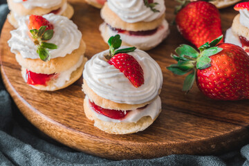 Mini Victoria sandwich cake. Sponge cake is a light cake made with egg whites, flour and sugar. Selective focus shot.