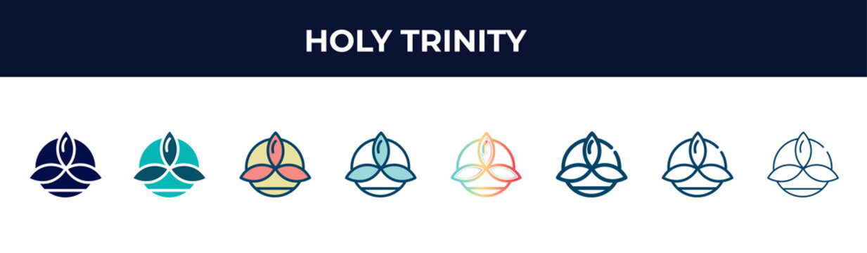 holy trinity vector icon in 8 different modern styles. black, two colored holy trinity icons designed in filled, glyph, outline, line, stroke and gradient styles. vector illustration can be used for
