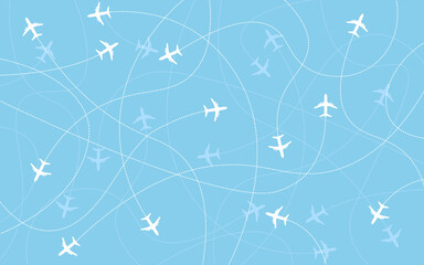 Aircraft background. Vector illustration of airplane destinations seamless background. Planes icon in blue sky. Airline industry and traveling concept.