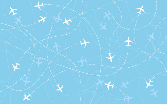 Aircraft background. Vector illustration of airplane destinations seamless background. Planes icon in blue sky. Airline industry and traveling concept. © Fast_Cyclone