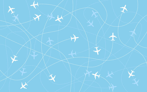 Aircraft background. Vector illustration of airplane destinations seamless background. Planes icon in blue sky. Airline industry and traveling concept.