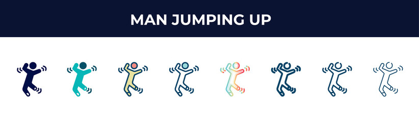 Fototapeta na wymiar man jumping up vector icon in 8 different modern styles. black, two colored man jumping up icons designed in filled, glyph, outline, line, stroke and gradient styles. vector illustration can be used