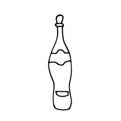 Doodle bottle of wine. Vector of bottles for sketches. Glass bottle with wine or champagne. Black outline of the bottle isolated on a white background.