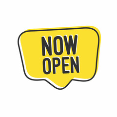 Now open. Hand drawn speech bubble. icon illustration on white background.