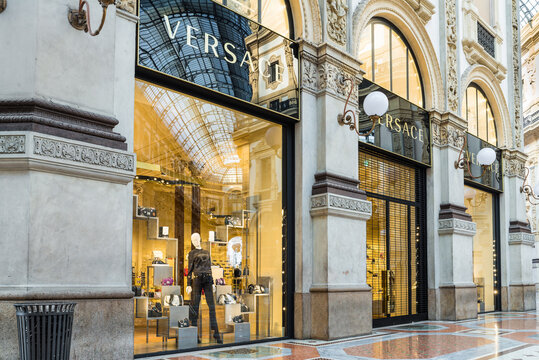 Versace shop at the Gallery Vittorio Emanuele II (Piazza Duomo) in Milan center, Italy. Symbol and concept of luxury, shopping, elegance and made in Italy. Important Italian luxury fashion company