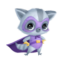 Illustration of cute cartoon animal superhero raccoon
