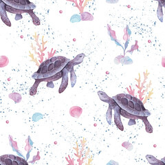 Watercolor kids seamless pattern. Turtle, coral, shells illustrations. marine animals holidays background, summer background. For print, kids cards, linens, wallpaper, textile, fabric.
