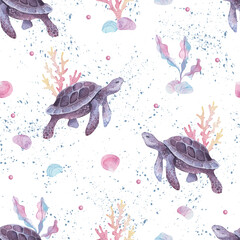 Obraz premium Watercolor kids seamless pattern. Turtle, coral, shells illustrations. marine animals holidays background, summer background. For print, kids cards, linens, wallpaper, textile, fabric.