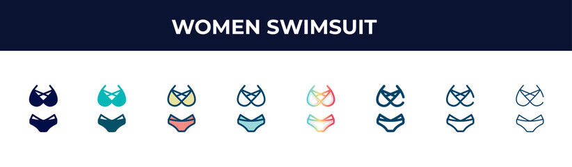 Fototapeta na wymiar women swimsuit vector icon in 8 different modern styles. black, two colored women swimsuit icons designed in filled, glyph, outline, line, stroke and gradient styles. vector illustration can be used