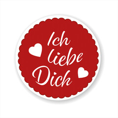 Ich liebe Dich - Button, Herzicons und Text. Weißer Hintergrund.