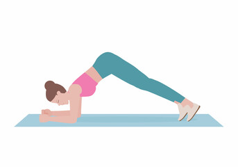 Woman doing exercises. woman in a pink shirt and blue Long legs. Step by step instruction for doing dolphin-Plank. Sports silhouettes. Fitness and health concepts.