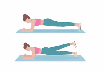 Women doing exercises.  Step by step instruction for doing Plank leg raises in 2 steps on a blue mat. Illustration about workout posture introduction. 