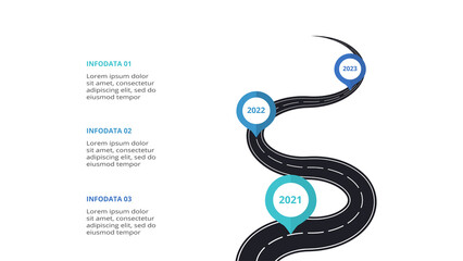 Road concept for infographic with 3 steps, options, parts or processes. Business data visualization.