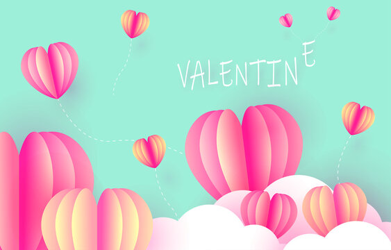 Valentine's Day with pink heart love romantic background design for card wallpaper. February 14. Valentine celebrate background. Cute Heart, web banner, template, cover, gradient abstract papercut.