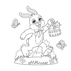 Coloring of Easter bunny running with a basket of eggs. Pink cartoon hare with red bow isolated on white background.Cute bunny for kids