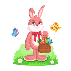 Easter bunny standing with a basket of eggs.Pink cartoon hare with red bow isolated on white background.Cute bunny for kids