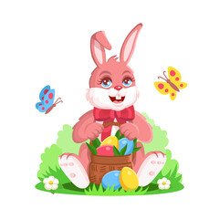 Easter bunny is sitting with a basket of eggs.Pink cartoon hare with red bow isolated on white background.Cute bunny for kids