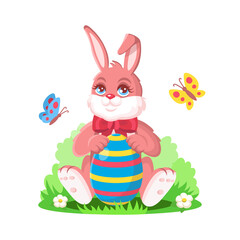Easter bunny is sitting with big egg. Pink cartoon hare with red bow isolated on white background.Cute bunny for kids