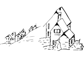 A graphic house in the Scandinavian minimalist style is hand-drawn on a white background
