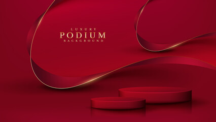 Red product podium with ribbon elements and gold lines with glitter light effect decoration. - obrazy, fototapety, plakaty