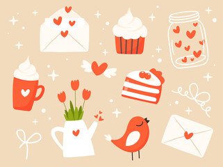 Set of cute Valentine's day vector elements - love letter, jar with hearts, flowers, cupcake, piece of cake, bird, coffee mug. Romantic clipart for wedding, birthday or anniversary cards, invitations