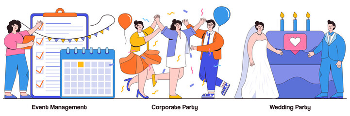 Event management, corporate and wedding party concept with people character. Entertainment service vector illustration set. Meeting organizer, planning service, team building, celebration metaphor