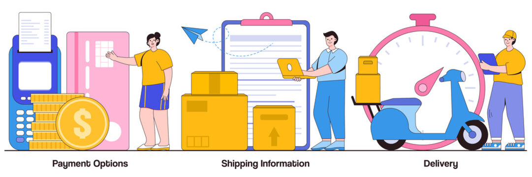 Payment options, shipping information, delivery concept with people character. Online shopping abstract vector illustration set. Internet store purchase e paying, order shipment metaphor