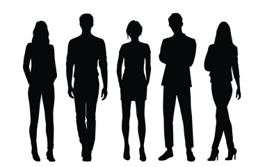 Vector silhouettes of  men and a women, a group of standing  business people, black color isolated on white background