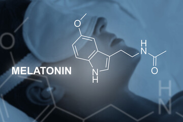 Melatonin formula and sleeping woman during the night