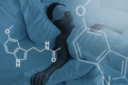 Melatonin formula and sleeping woman during the night