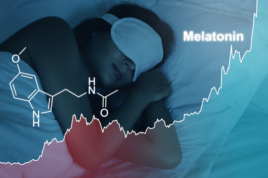 Sleeping woman and chart of rising melatonin level
