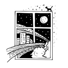 Decorative window with an ornament and with a view of the night city with houses and the moon and stars and a black cat