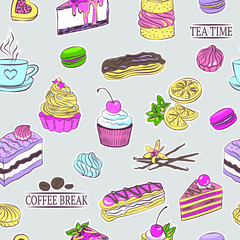 Vector seamless pattern with confectionery icons isolated on gray background. Set of tasty sweets and desserts. Muffins, biscuits, macaroons, eclairs, vanilla pods, cup of tea, lemon slices and mint. 