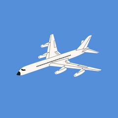 White plane in the blue sky. Hand drawn colored Square seamless Pattern in cartoon style. Travel, flight, journey concept. Vacation aircraft, Airline transportation.Flat flying Airplane . 