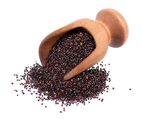 Black quinoa seeds in wooden scoop, isolated on white background. Pile of raw kinwa.