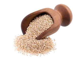 White quinoa seeds in wooden scoop, isolated on white background. Pile of raw kinwa.