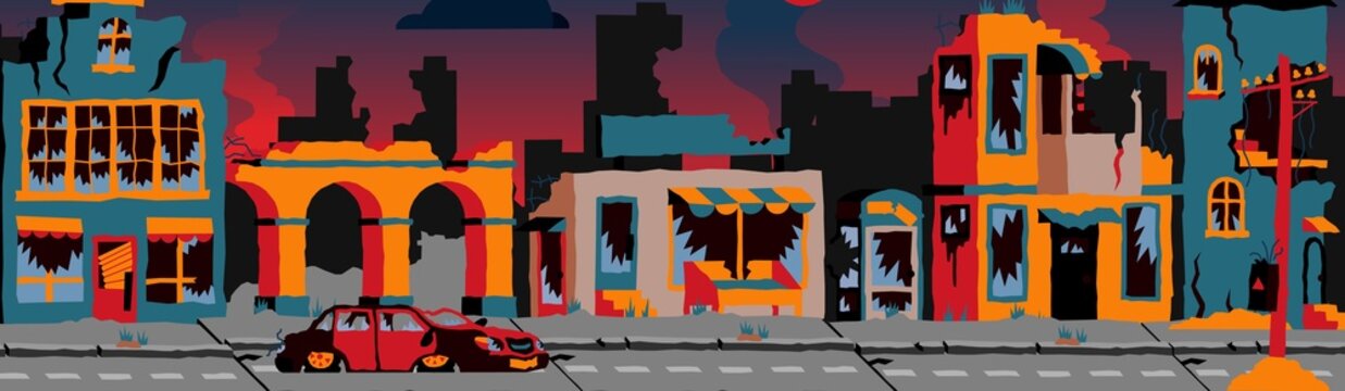 Destroyed City. Cartoon Apocalyptic Abandoned Streets With Ruined Houses And Property After Disaster Or War. Vector Illustration