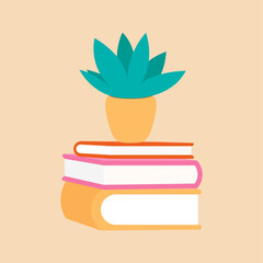 Stack of books with house plant on top. Reading and studying concept. World Book Day. Vector illustration