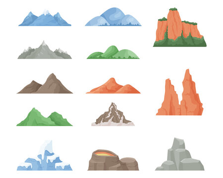 Cartoon mountain. Green hills, dessert rocks and snowy mountains, outdoor landscape elements. Vector isolated set